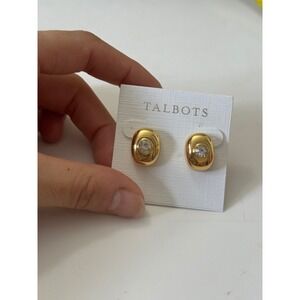 New Talbots Gold Tone Oval Crystal Stud Earrings